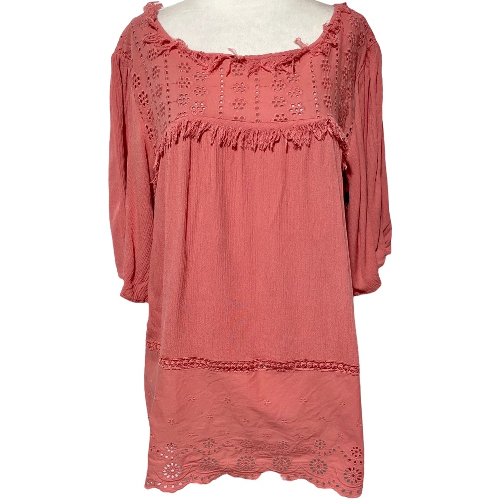 Artesia Eyelet Lace Fringe Crinkle Top Boho Blouse Coral Size XL